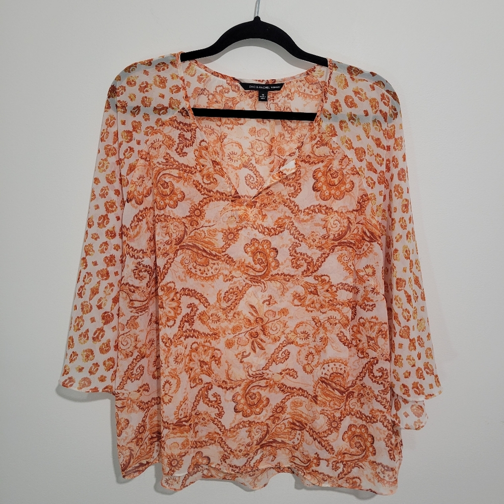 ZACK & RACHEL BELL SLEEVE PAISELY FLORAL PRINT SHEER BLOUSE SIZE 1X